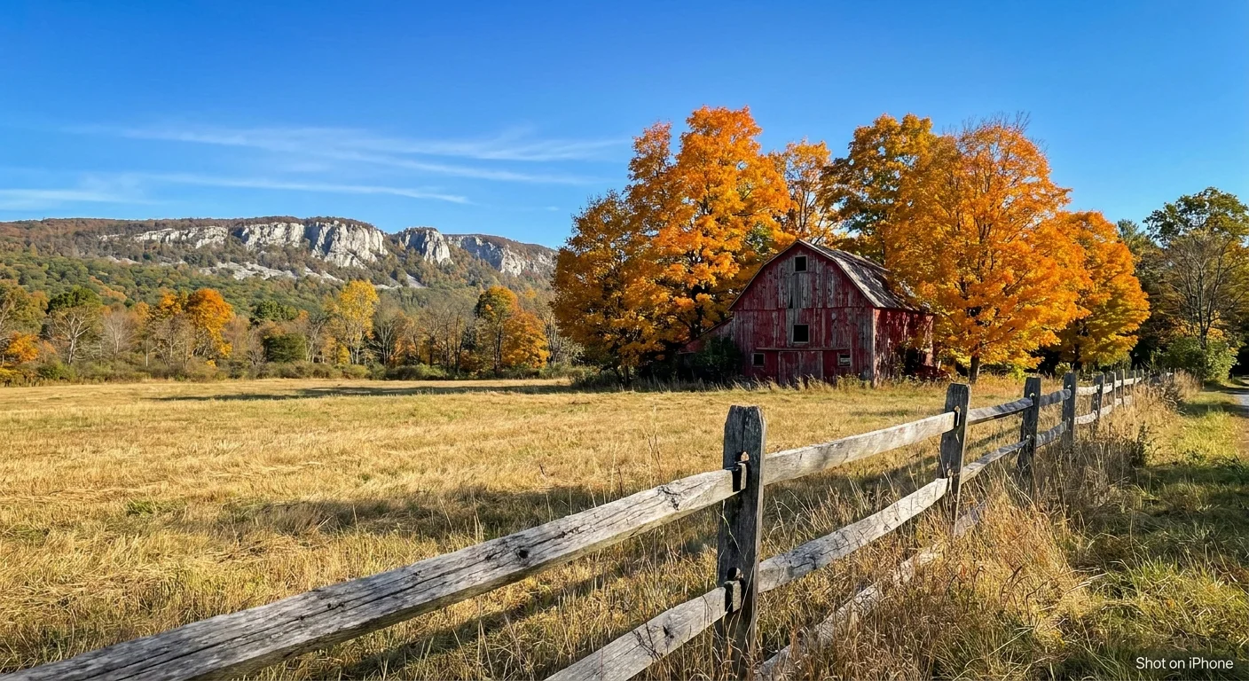 The white cliffs of the Shawangunk Ridge behind a rural field and red barn in New York.