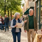 Three active seniors walking through a vibrant, sunlit downtown plaza with a dog and coffee, representing a fulfilling retirement lifestyle.