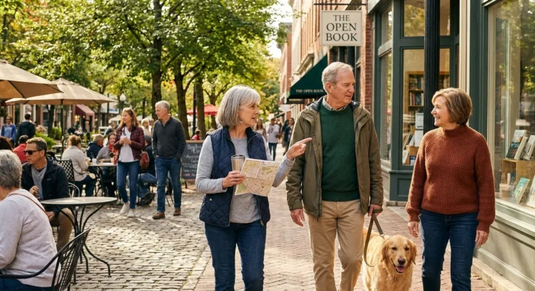 Three active seniors walking through a vibrant, sunlit downtown plaza with a dog and coffee, representing a fulfilling retirement lifestyle.