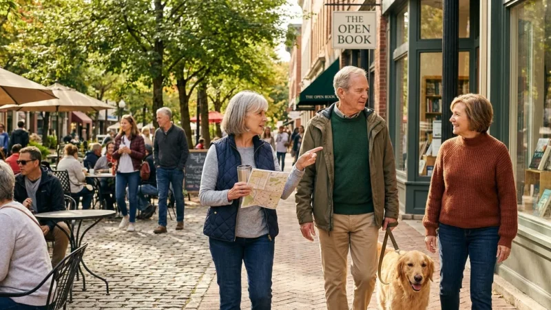 Three active seniors walking through a vibrant, sunlit downtown plaza with a dog and coffee, representing a fulfilling retirement lifestyle.