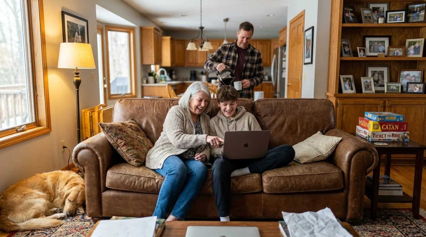Three generations of a family sharing a comfortable, lived-in home, showing a grandmother and grandson laughing together.