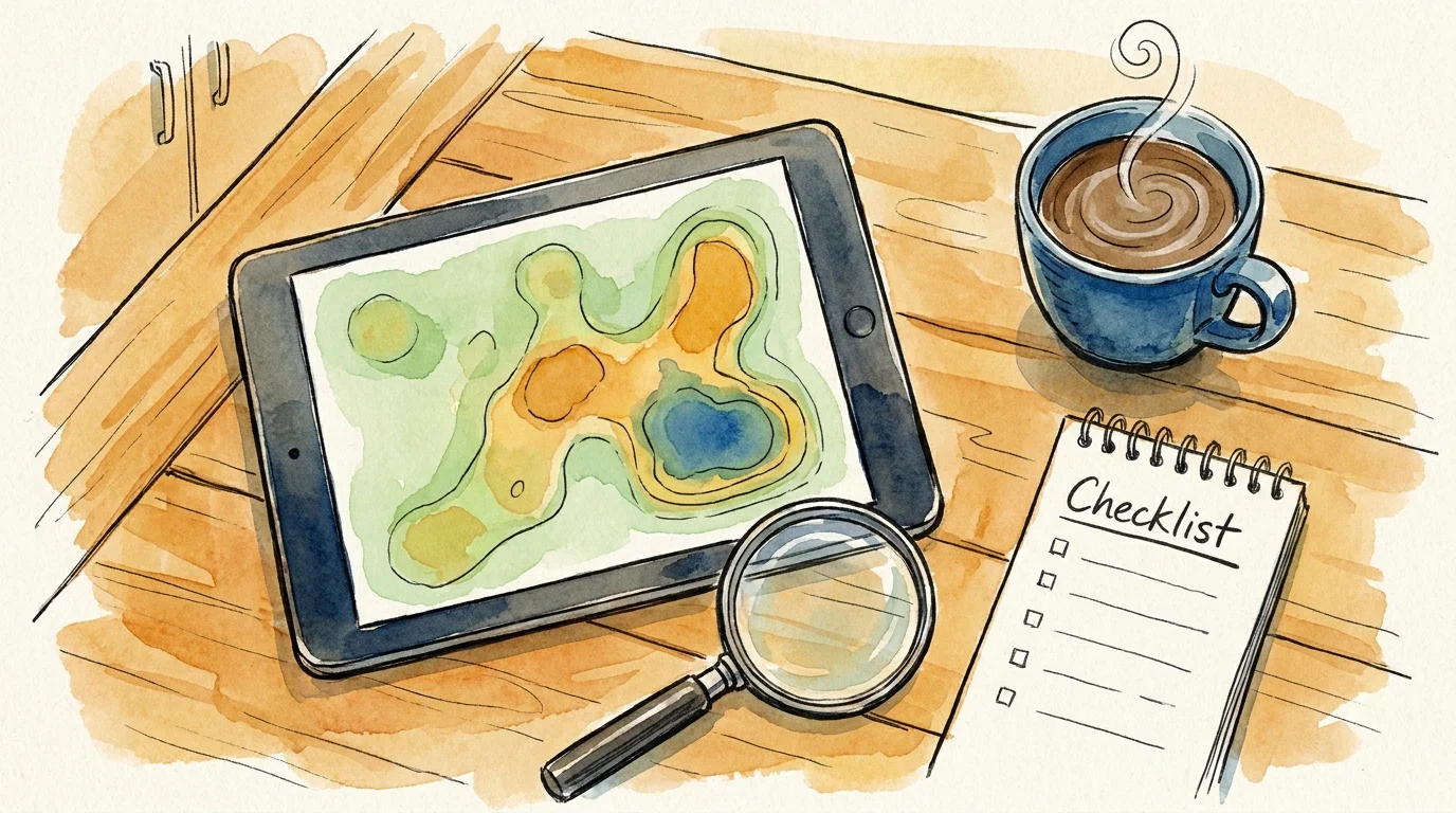 Top-down illustration of a tablet with a safety map, a magnifying glass, and a research checklist on a desk.