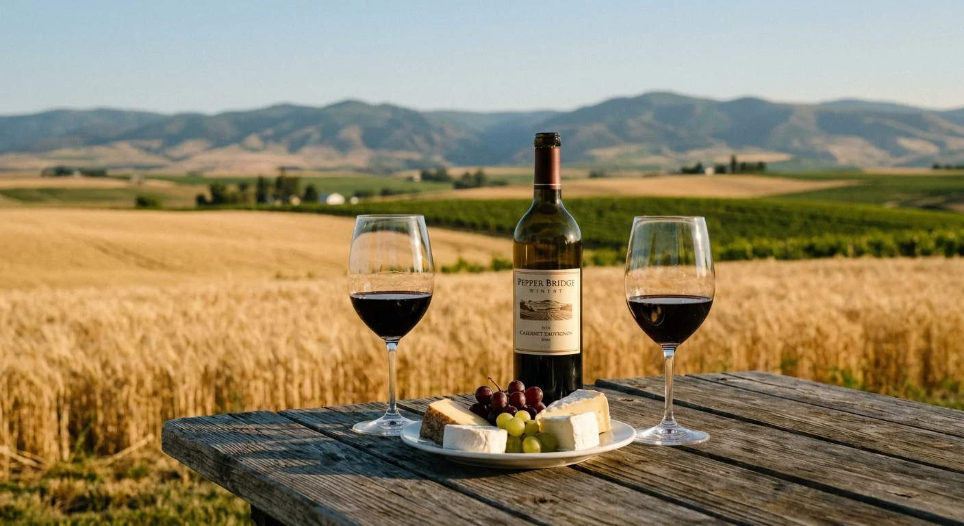 Two glasses of red wine on a rustic table overlooking golden hills and vineyards in Walla Walla.