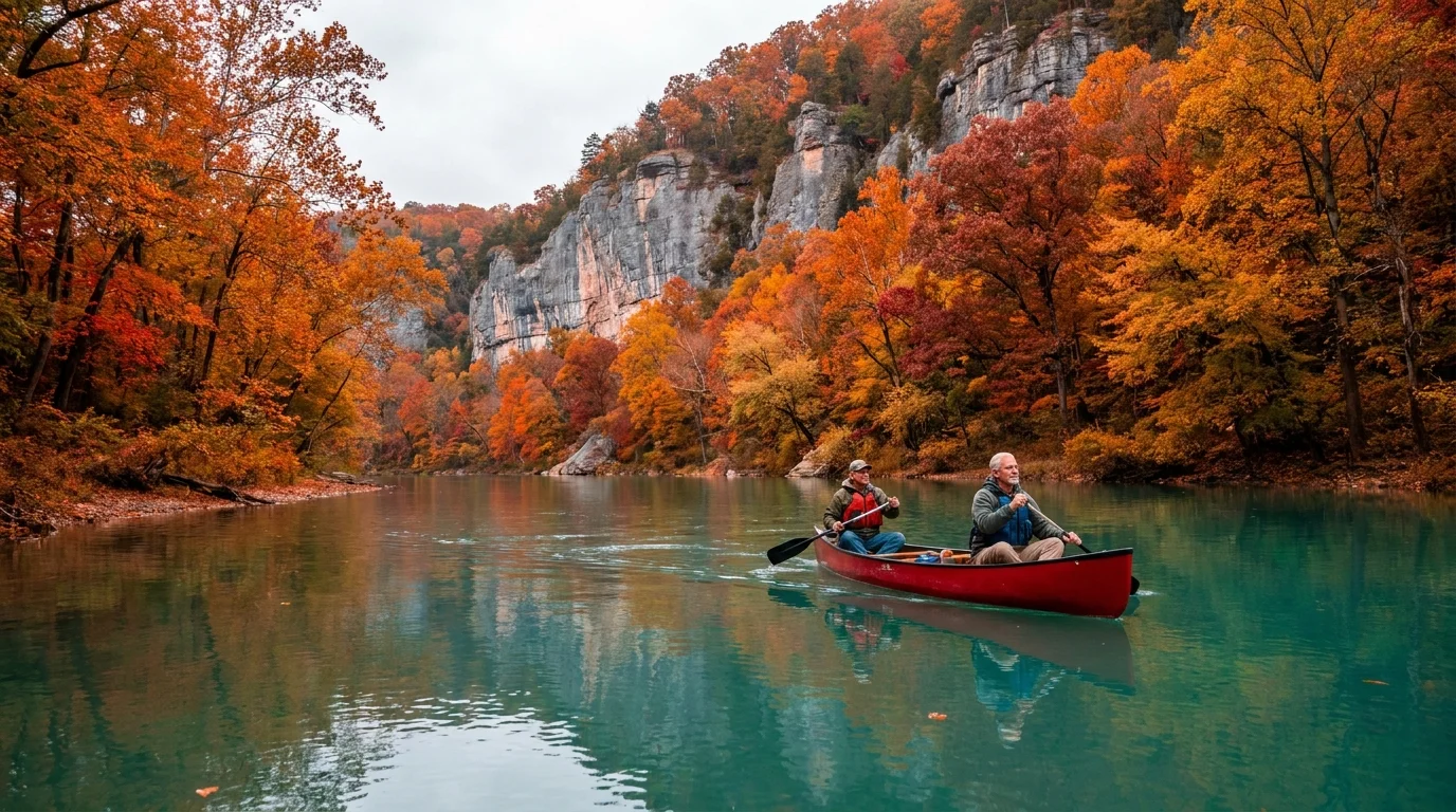 Two people canoeing on a clear blue river in Arkansas surrounded by autumn foliage and tall limestone cliffs.