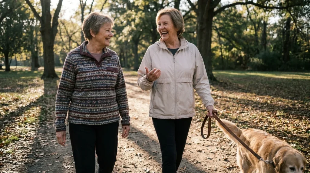 Two retired women laughing while walking a dog in a park, representing scheduled social routines.