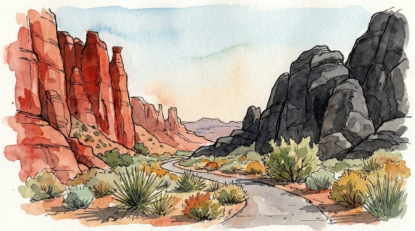 Watercolor art showing red cliffs and black rocks with a walking trail winding through desert plants.