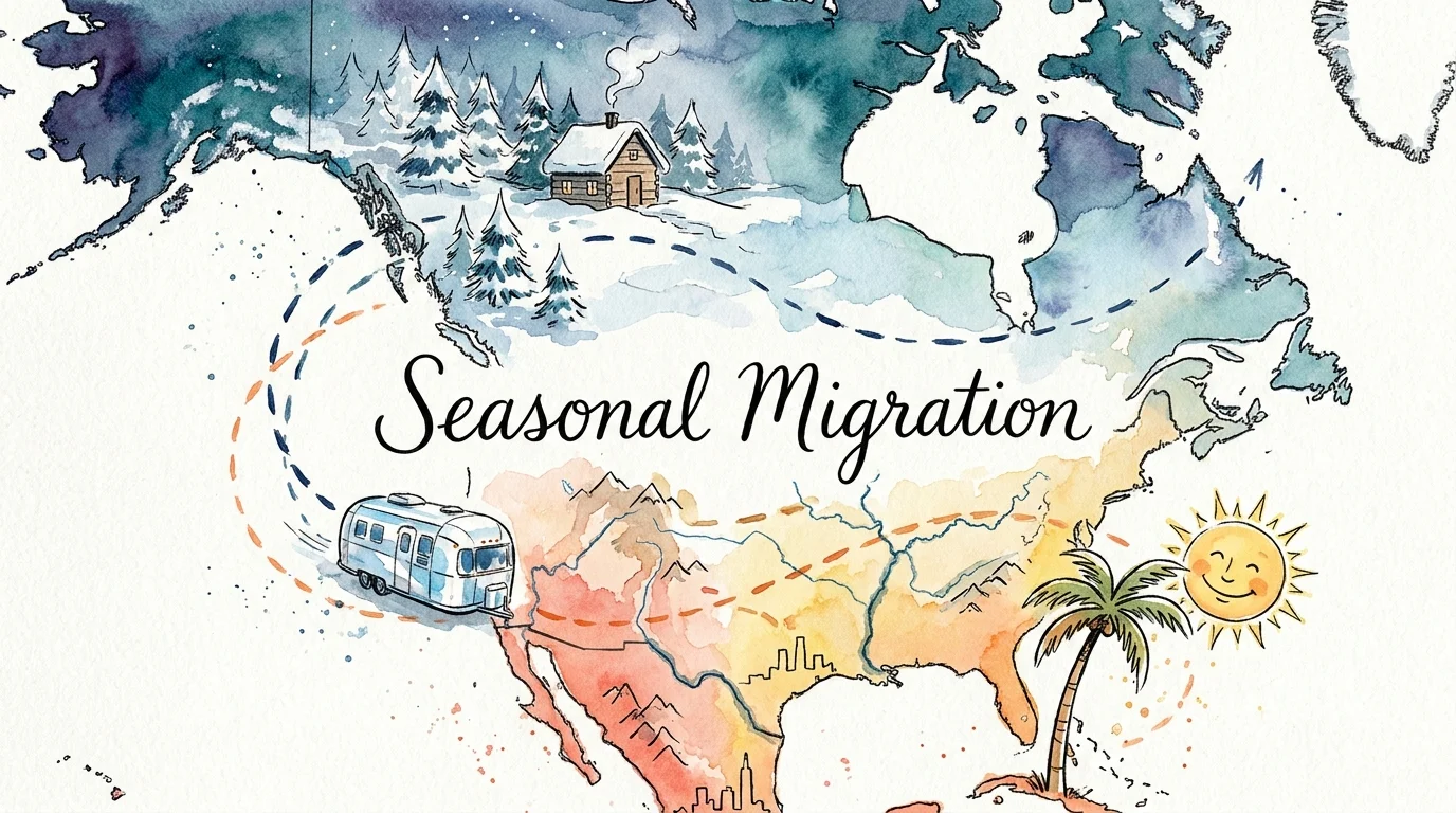 Watercolor illustration of a camper trailer migrating from a snowy northern landscape to a sunny southern beach.