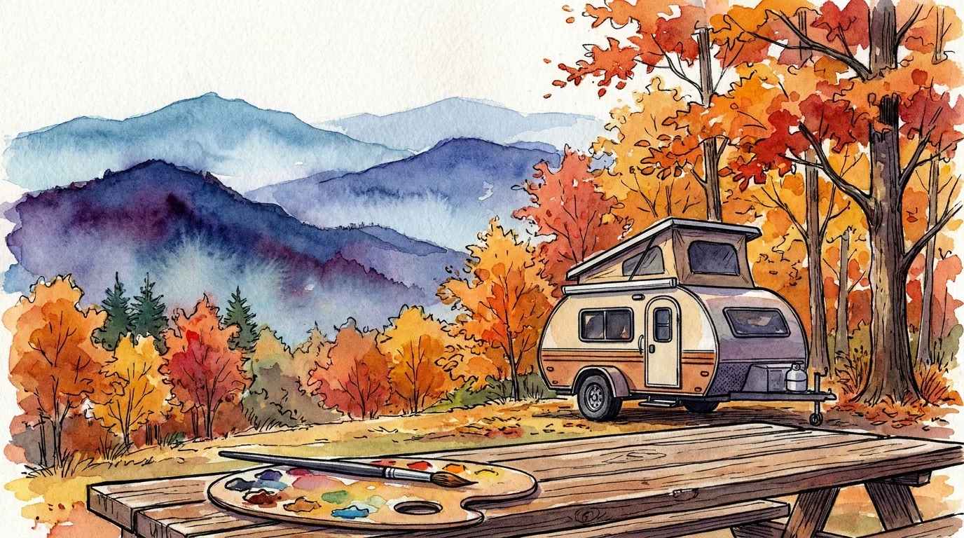 Watercolor illustration of a teardrop trailer in a colorful autumn forest with the Blue Ridge Mountains in the background.