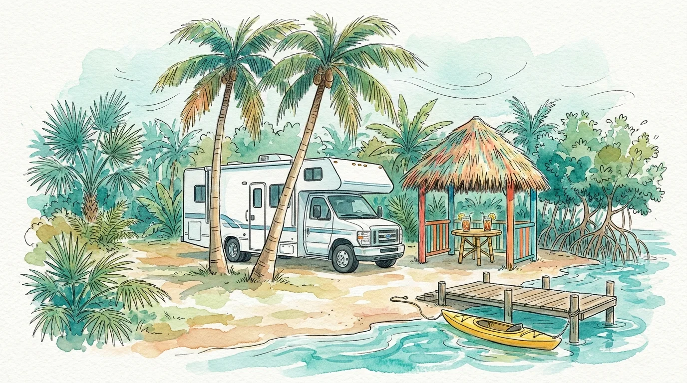 Watercolor illustration of a tropical RV campsite in the Florida Keys with palms, a Tiki hut, and turquoise water.