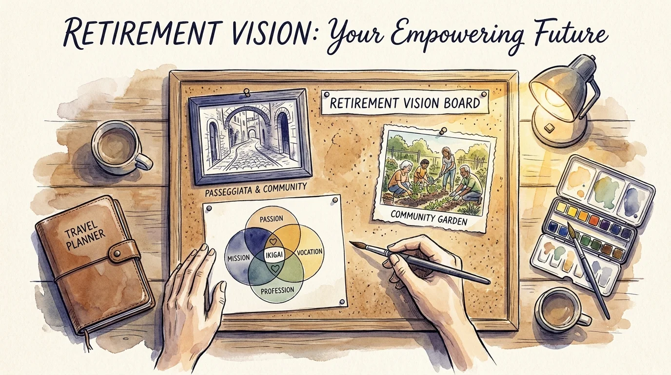 Watercolor illustration of hands assembling a vision board with global retirement themes like community and purpose.