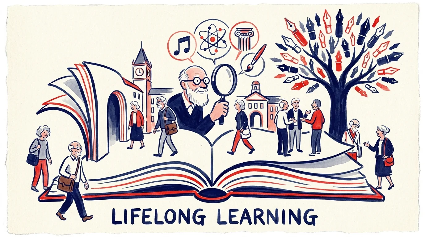 Watercolor illustration of older adults exploring a university campus that emerges from the pages of a large book.