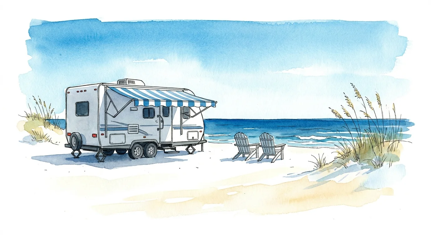 Watercolor sketch of an RV parked on a white sand beach next to the blue ocean in Gulf Shores.