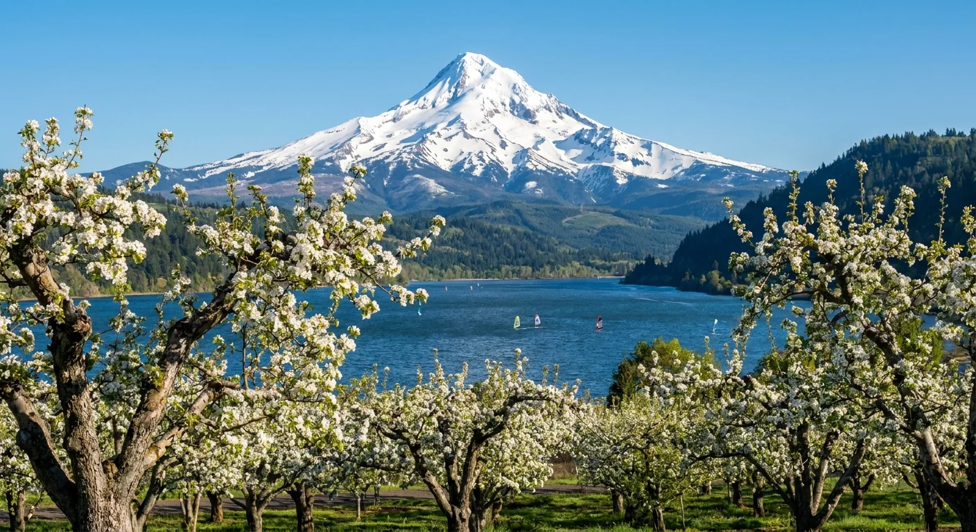 White pear blossoms in an orchard with the massive snow-capped Mount Hood and the Columbia River in the background.