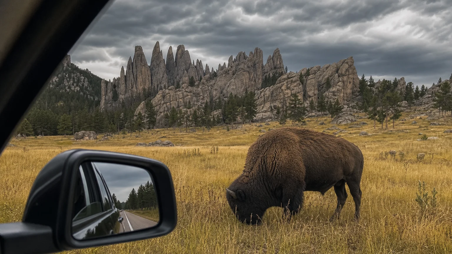 A bison grazing in a field with the jagged granite spires of Custer State Park in the background, seen from a car window.