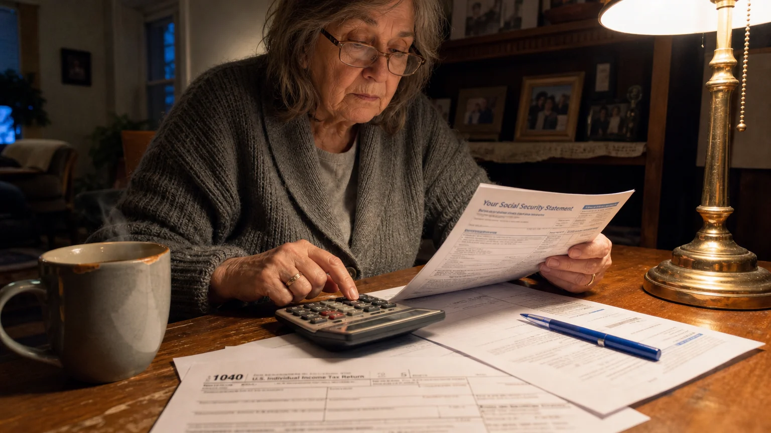 A candid photo of a retired woman reviewing tax documents and using a calculator at her wooden dining table under warm lamp light.