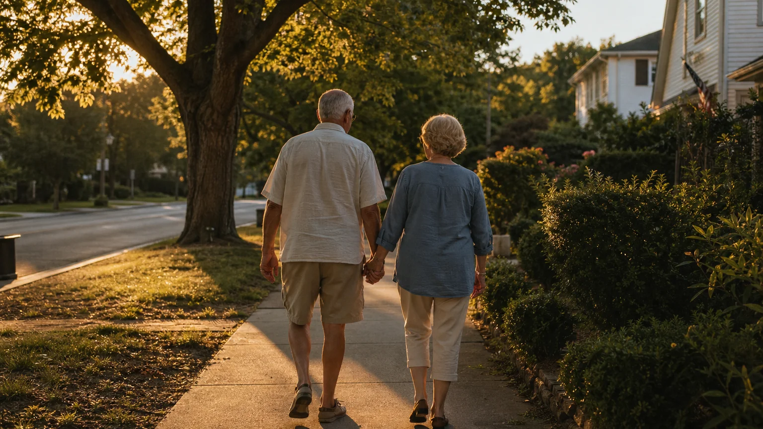 A candid photograph of an older couple walking hand-in-hand down a peaceful tree-lined sidewalk at sunset.