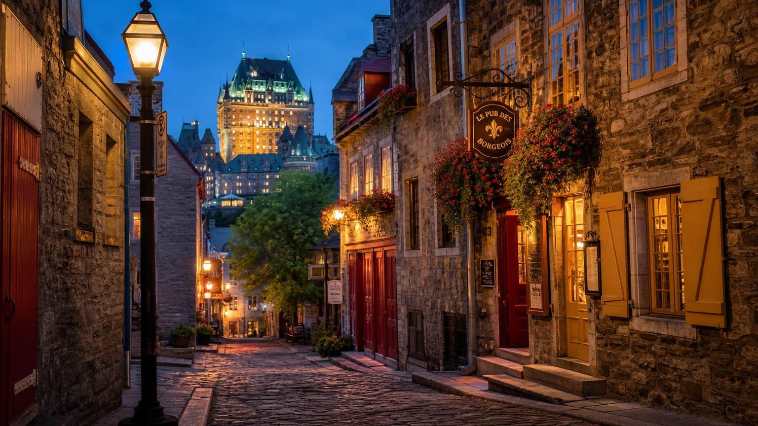A charming cobblestone street in Old Quebec City with historic stone buildings and the Château Frontenac in the distance.
