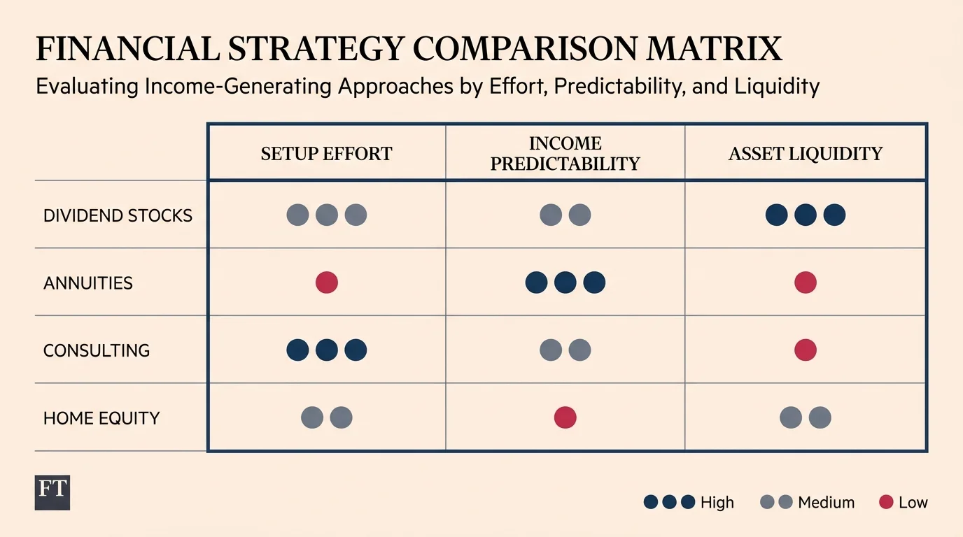 A clean infographic comparing setup effort and predictability for different retirement income streams.