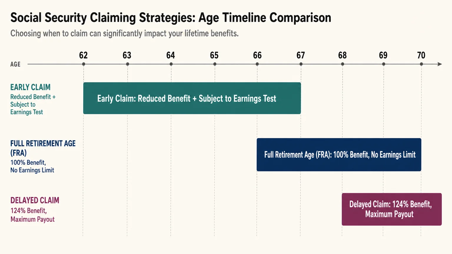 A clean timeline diagram comparing claiming benefits at age sixty-two, sixty-seven, and seventy.