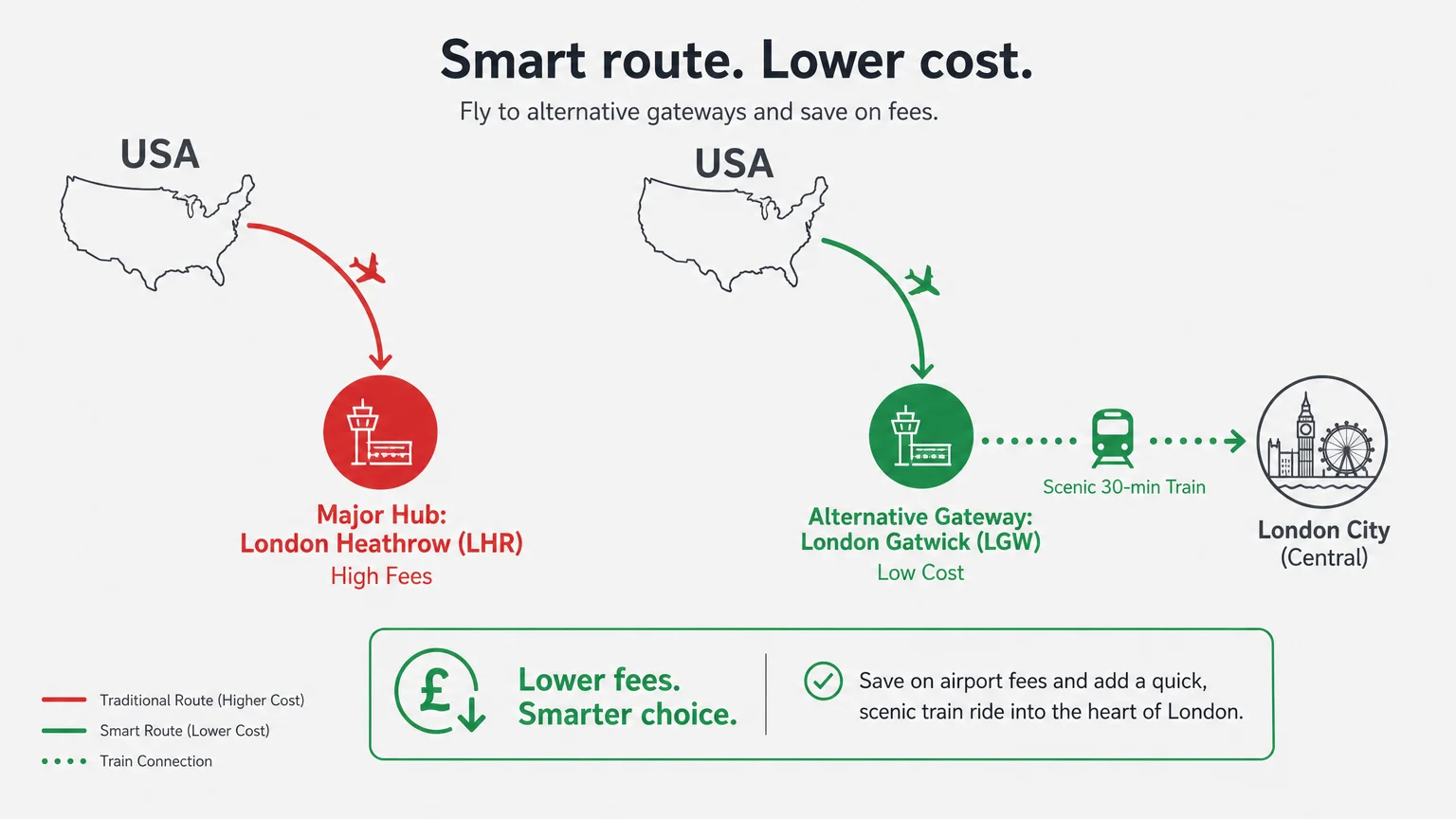 A clean visual diagram comparing flights to London Heathrow (LHR) with cheaper alternative gateway flights to London Gatwick (LGW).