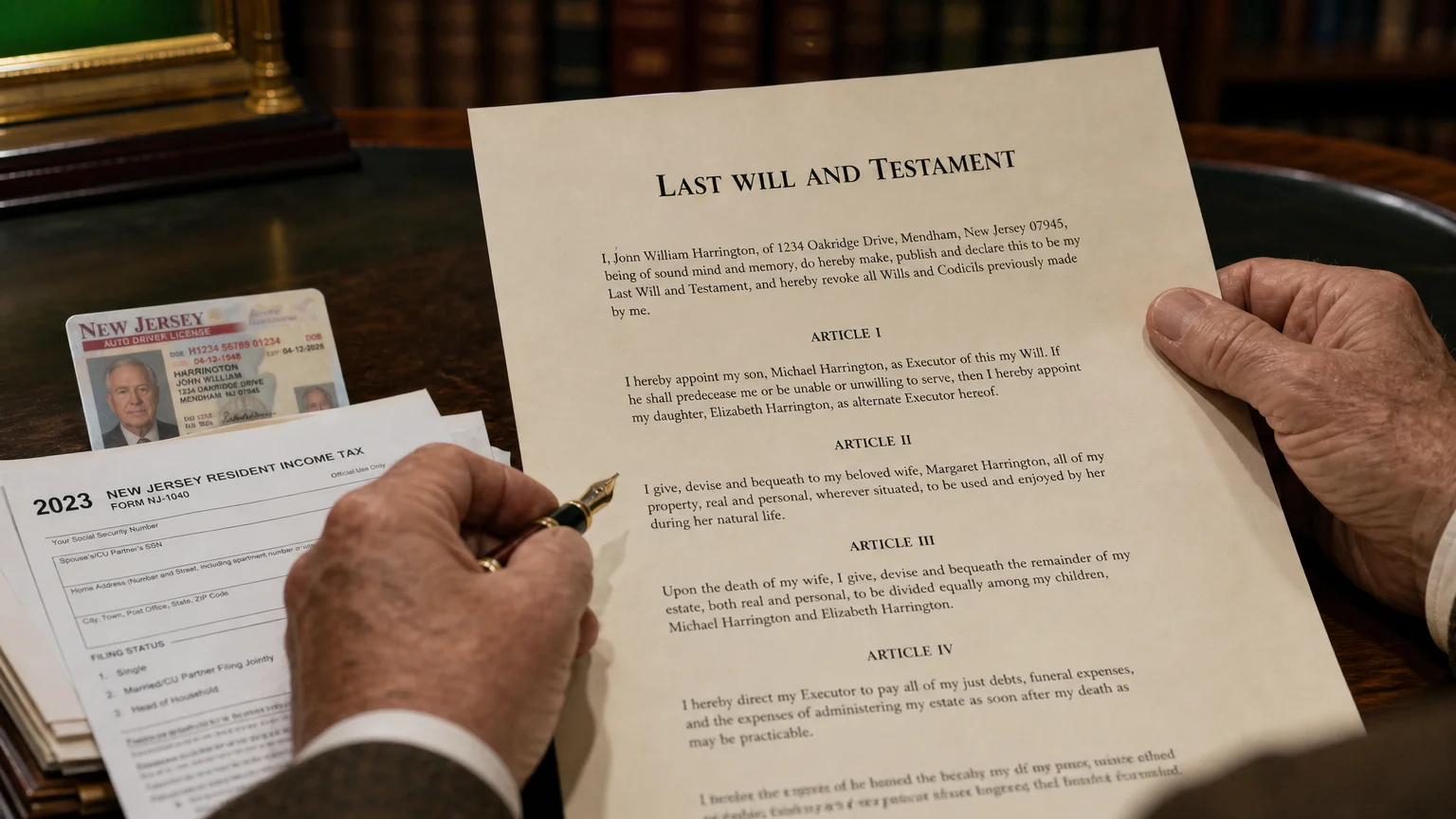 A close-up of a person's hands holding a 'Last Will and Testament' document on a desk next to a new state ID.