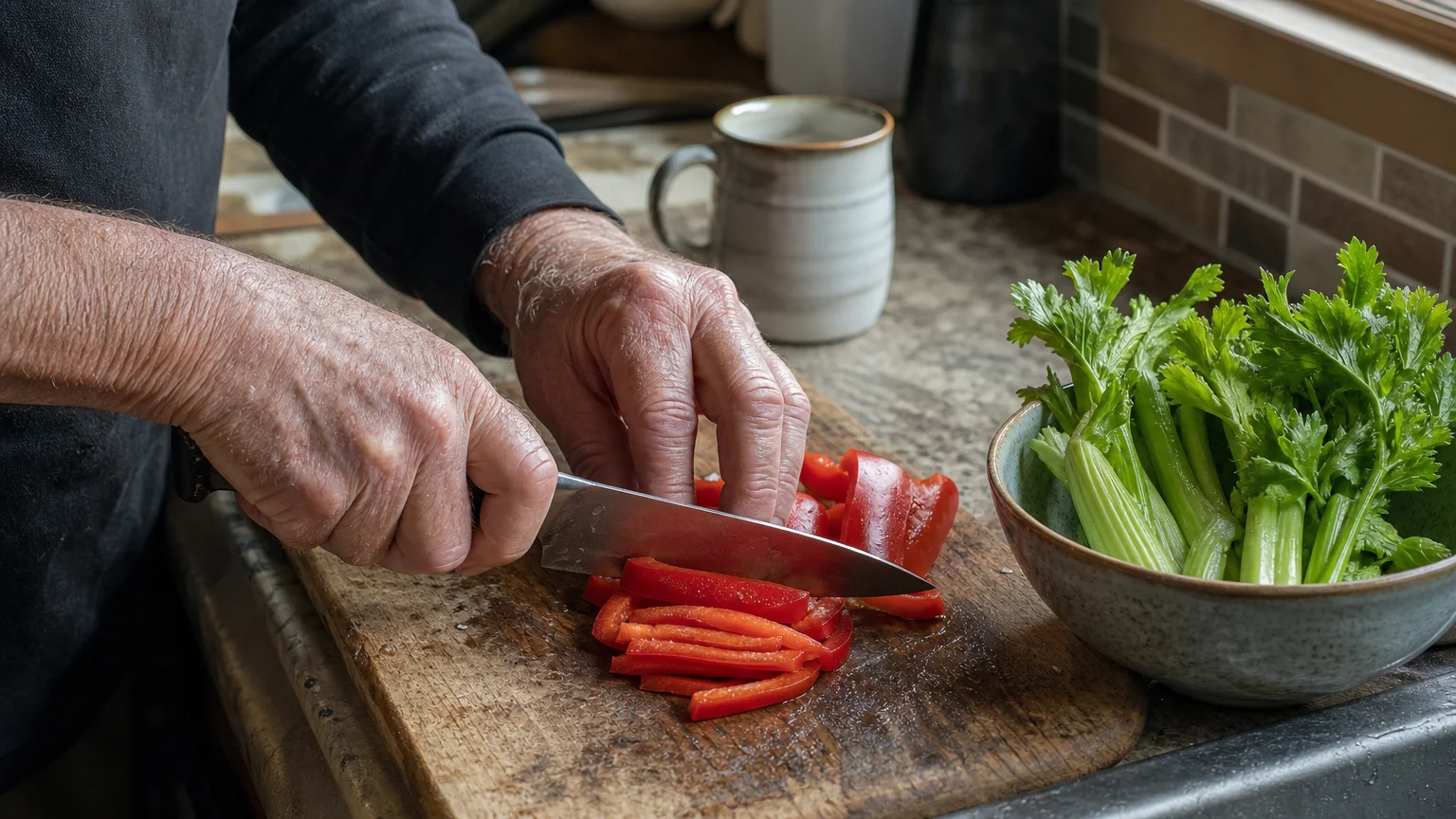 A close-up of a senior's weathered hands chopping fresh red bell peppers on a rustic wooden cutting board.
