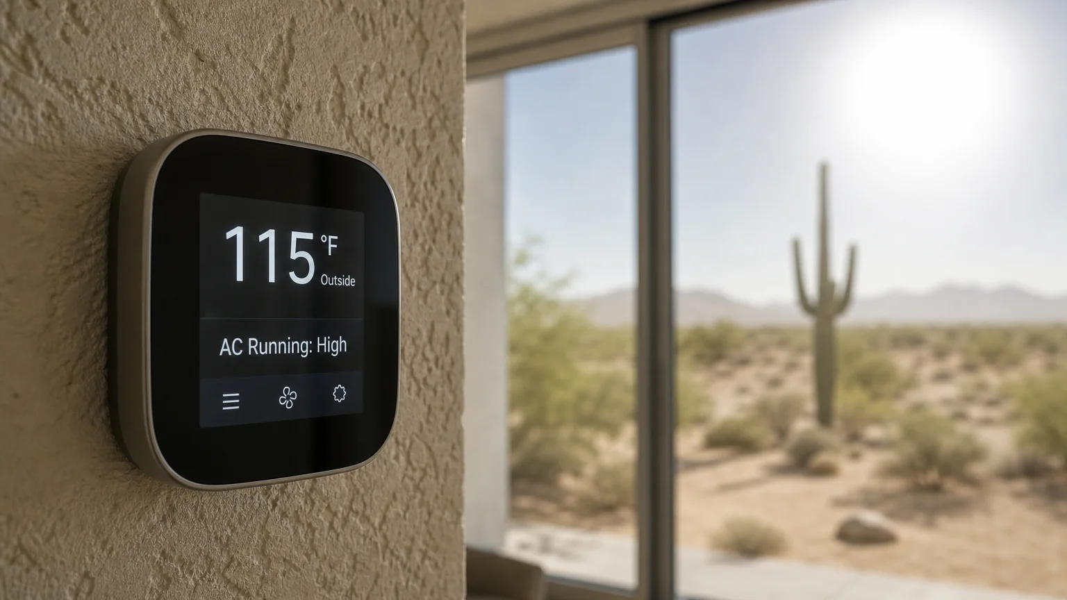 A close-up of an indoor thermostat showing 115 degrees outside, with a blurry desert landscape visible through the window.