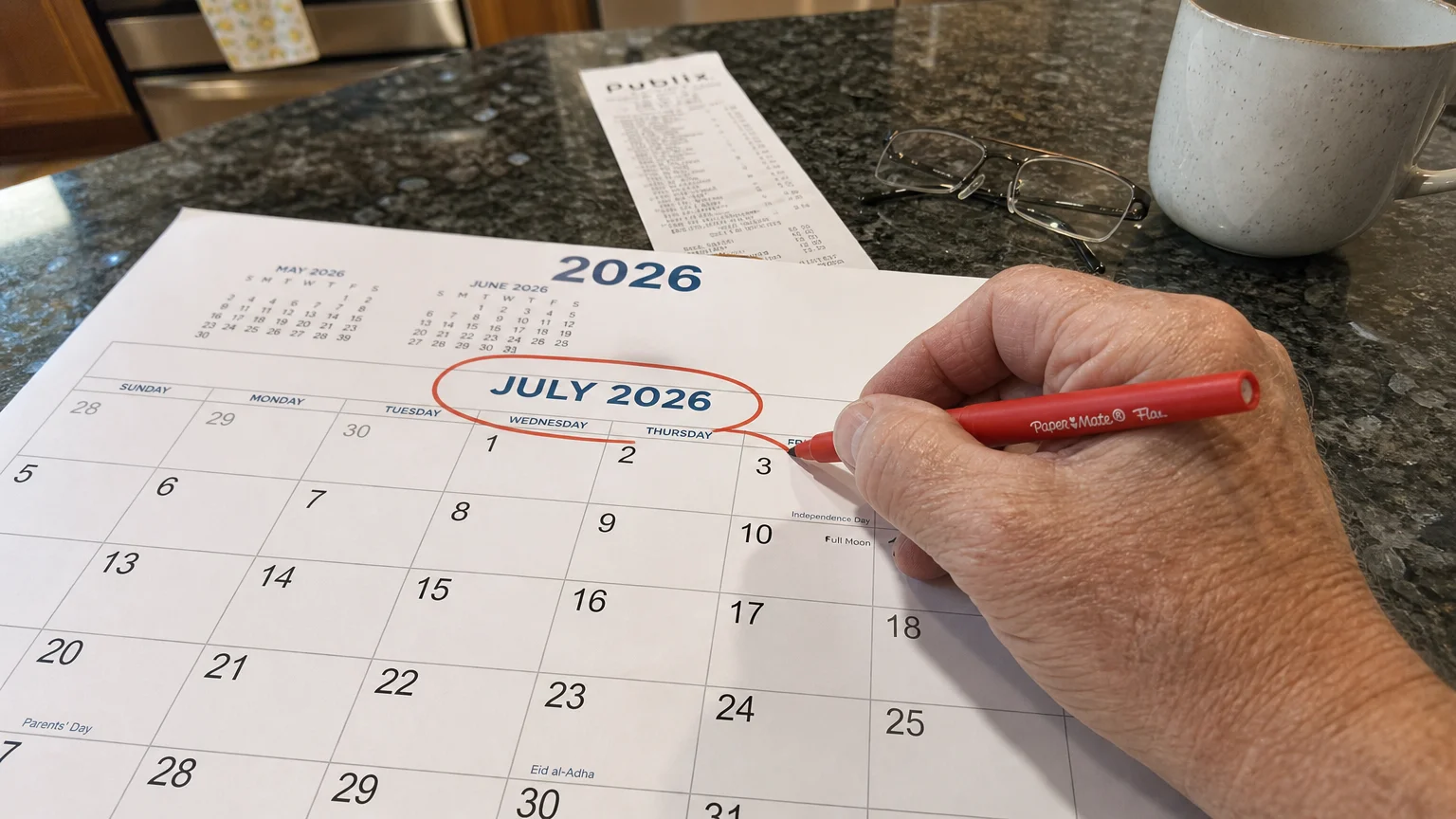 A close-up photo of a hand circling July 2026 on a desk calendar next to a grocery receipt and reading glasses.