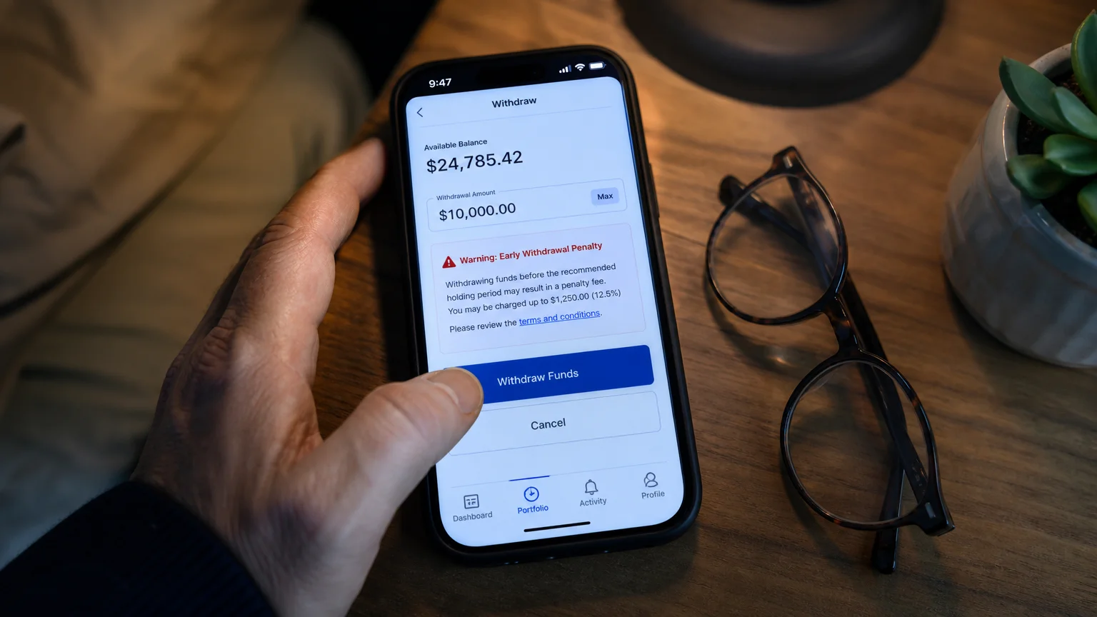 A close-up photo of a hand hesitating over an early withdrawal warning on a retirement app.
