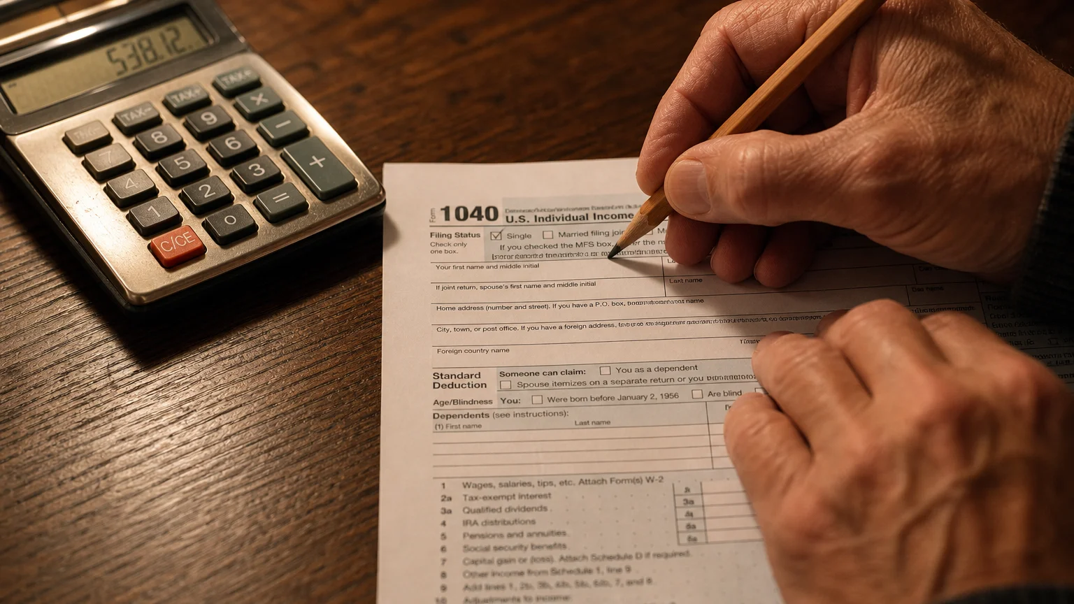 A close-up photo of a person's hands using a pencil to carefully check off lines on a paper IRS Form 1040.