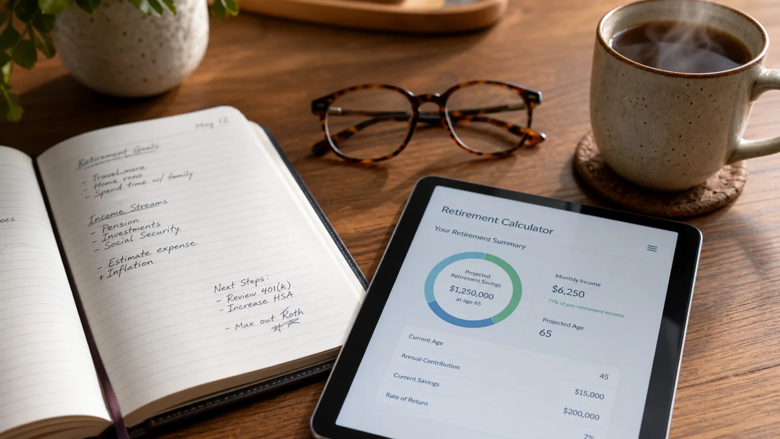 A close-up photo of a wooden desk with a planner, reading glasses, a tablet showing a calculator, and a warm mug of tea.