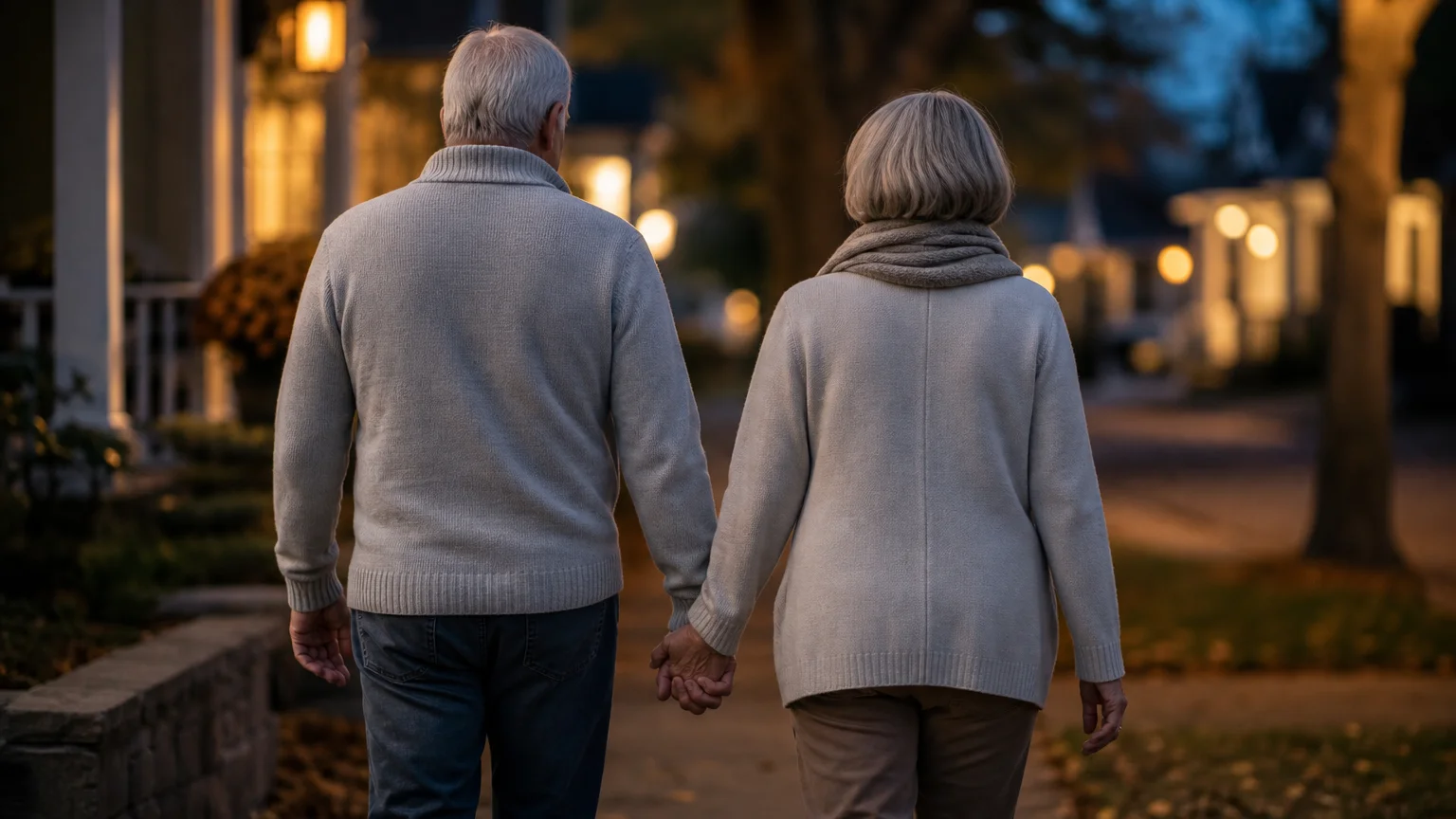 A close-up photo of an older couple holding hands while walking through a quiet neighborhood at sunset.