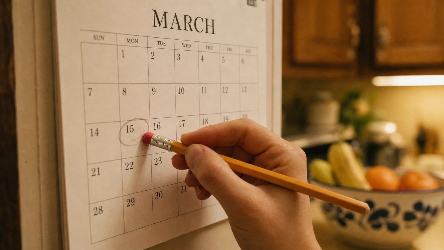 A close-up photograph of a hand using a pencil eraser to correct a circled date on a paper wall calendar.