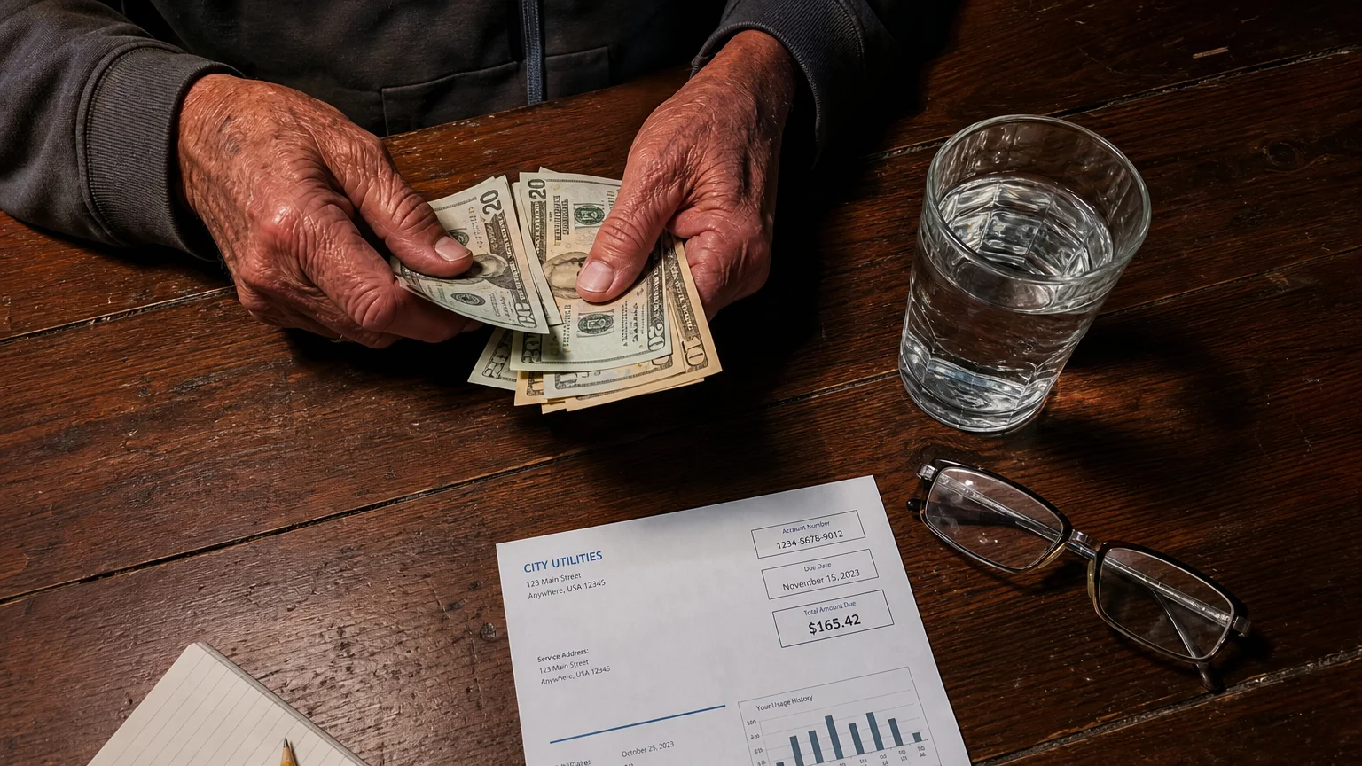 A close-up photograph of an older person's hands counting cash on a dark wooden table.
