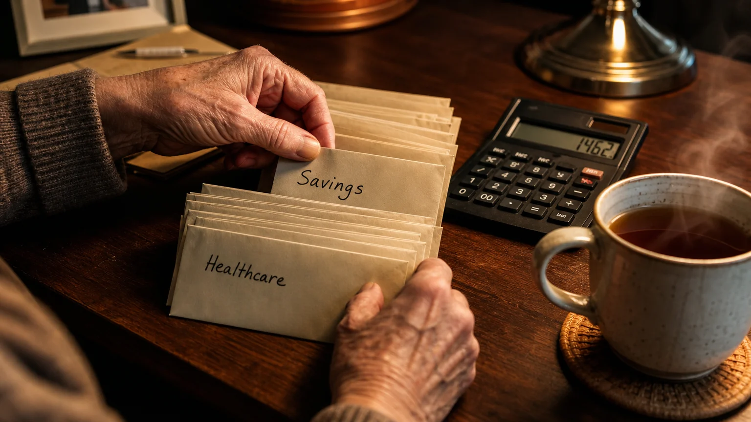A close-up shot of hands organizing household budget envelopes next to a calculator and a warm mug of tea.