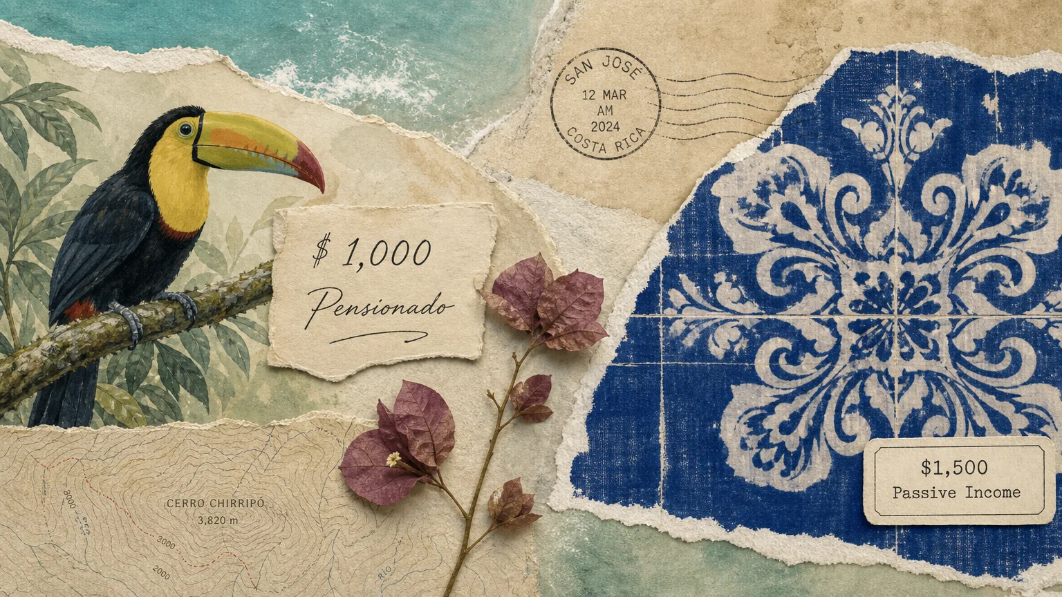 A collage featuring tropical birds, blue Portuguese tiles, and handwritten notes about visa income requirements.