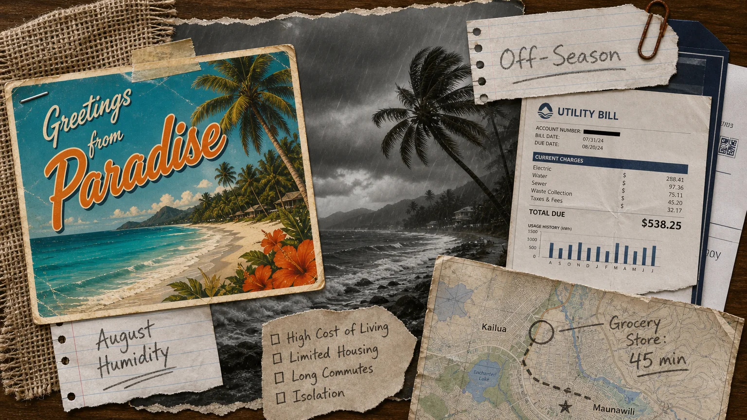 A collage showing a sunny beach postcard layered over a photo of a rainy street, illustrating the difference between vacation and daily life