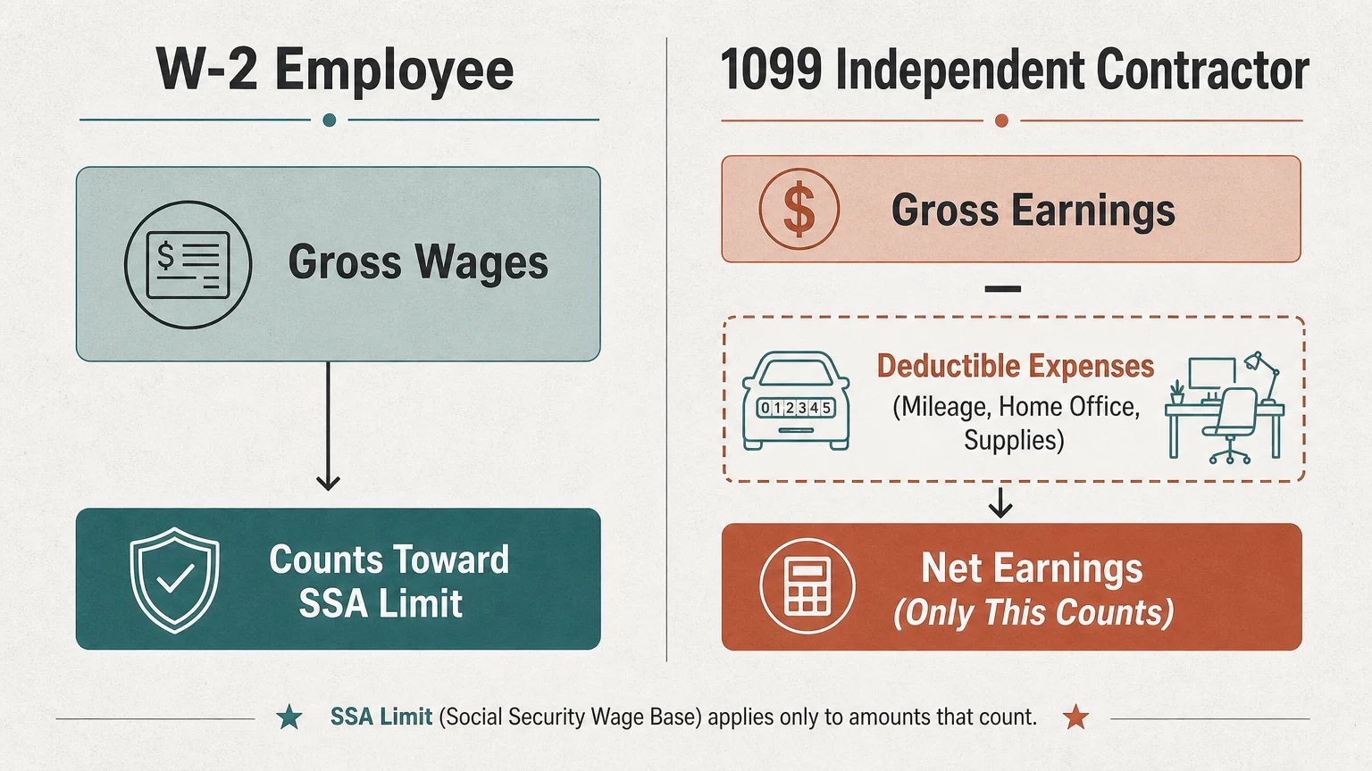 A comparative diagram illustrating how 1099 independent contractors can deduct business expenses to lower their net earnings.