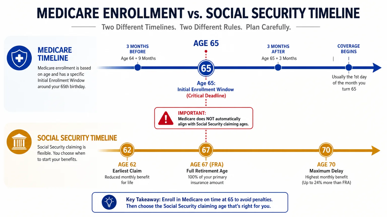 A comparative timeline diagram showing Medicare enrollment peaking strictly at age 65, independent of Social Security claiming ages.