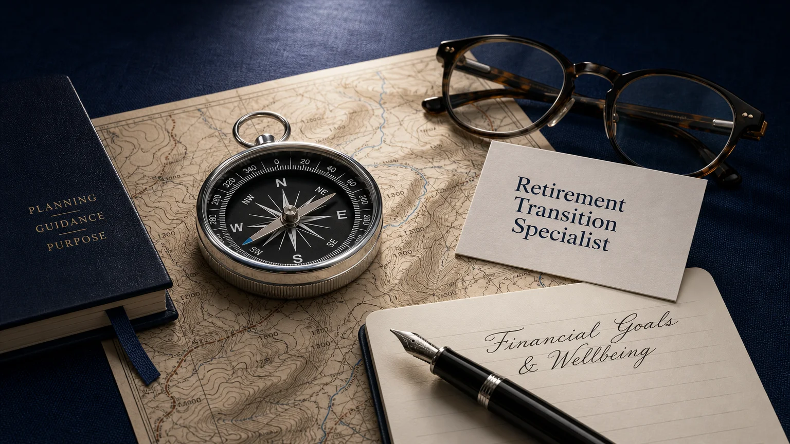 A compass, reading glasses, and a business card for a retirement specialist on a map, representing professional guidance.