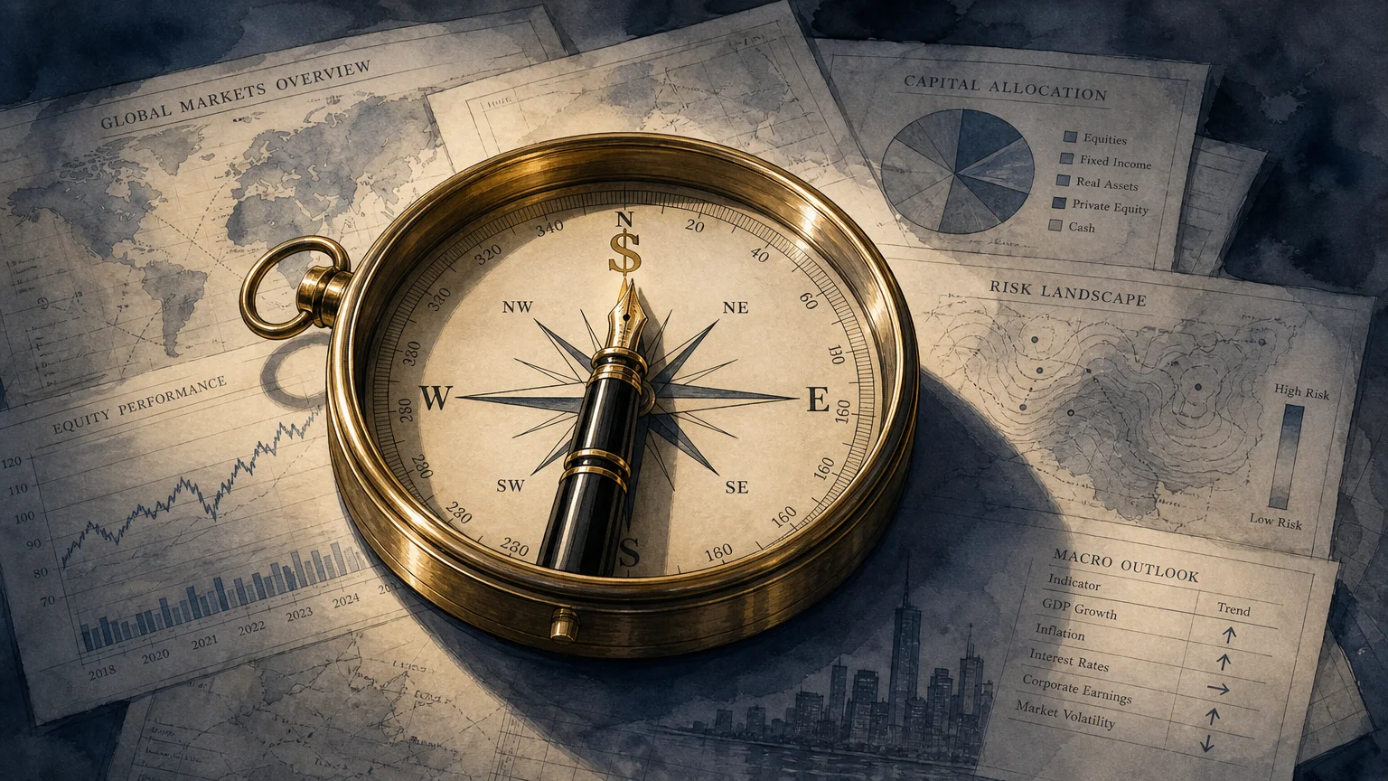 A compass with a fountain pen needle pointing toward a dollar sign, representing professional financial guidance.