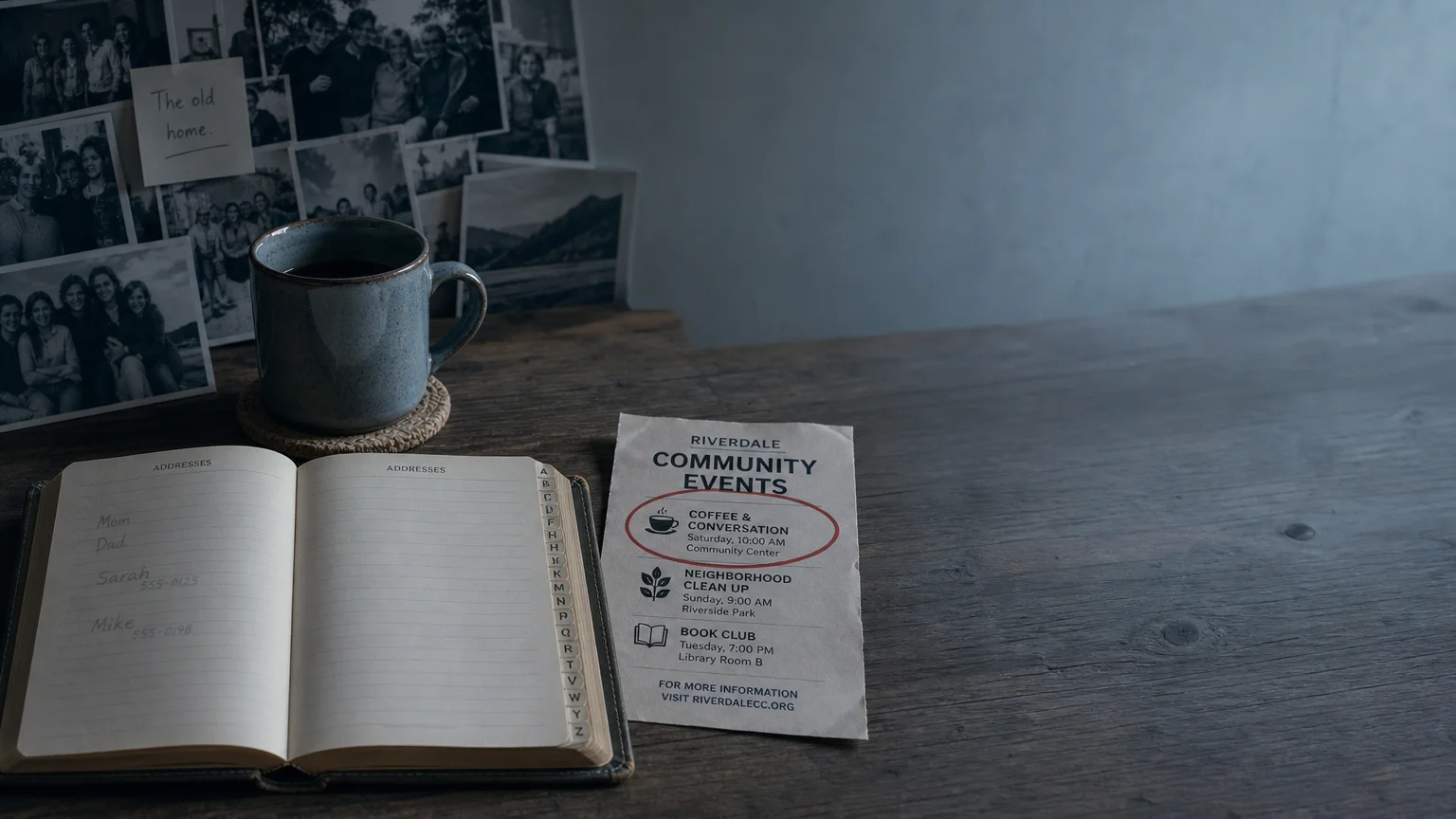 A conceptual collage featuring an empty address book and a community event flyer, symbolizing the effort to make new friends.