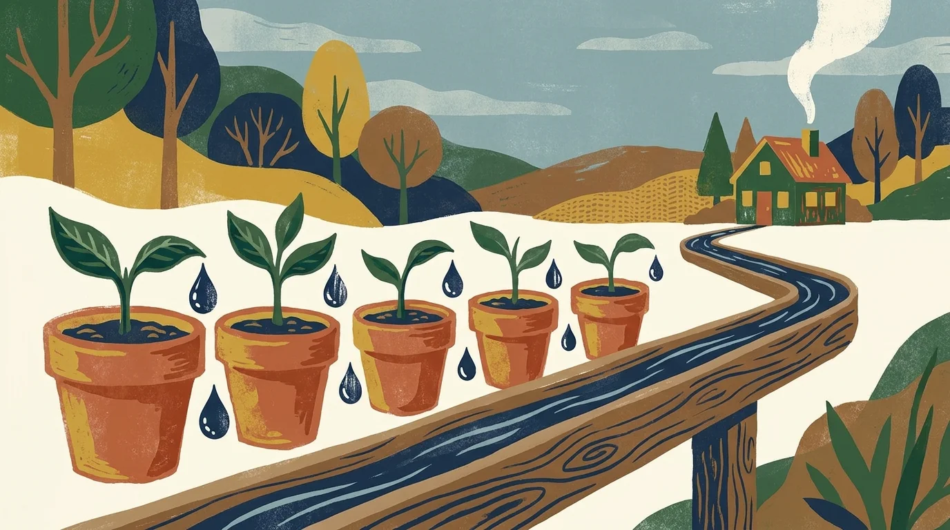 A conceptual gouache illustration of plants dripping water into a trough representing dividend yields.