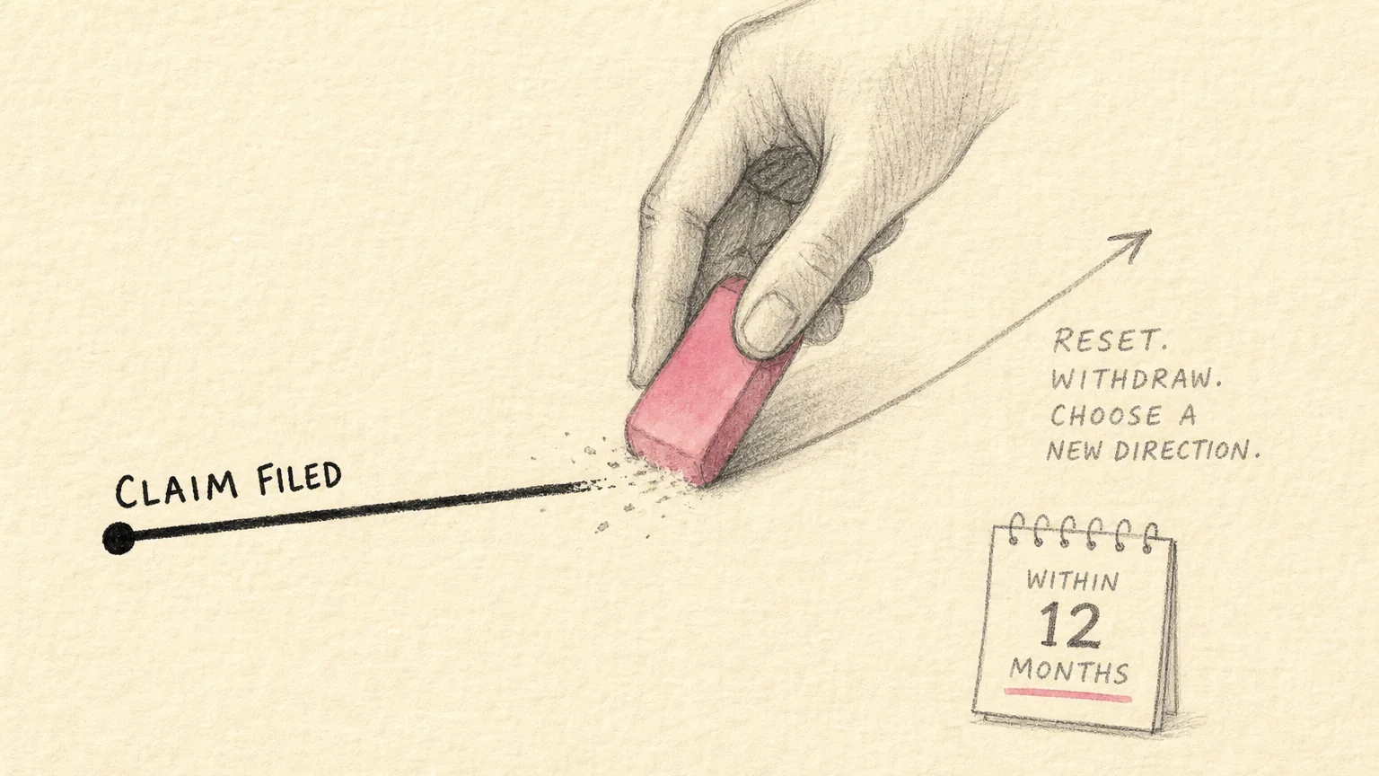 A conceptual illustration of a hand using an eraser to undo a claiming line on paper, symbolizing the ability to reset a claim.