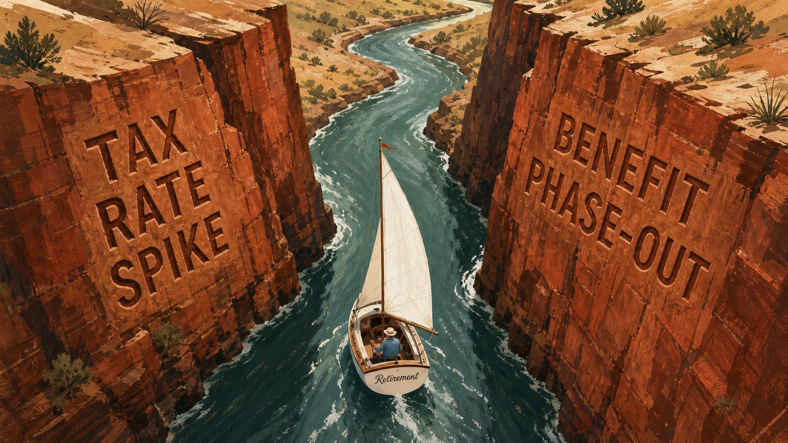 A conceptual illustration of a sailboat navigating a narrow canyon between cliffs representing high tax rates.