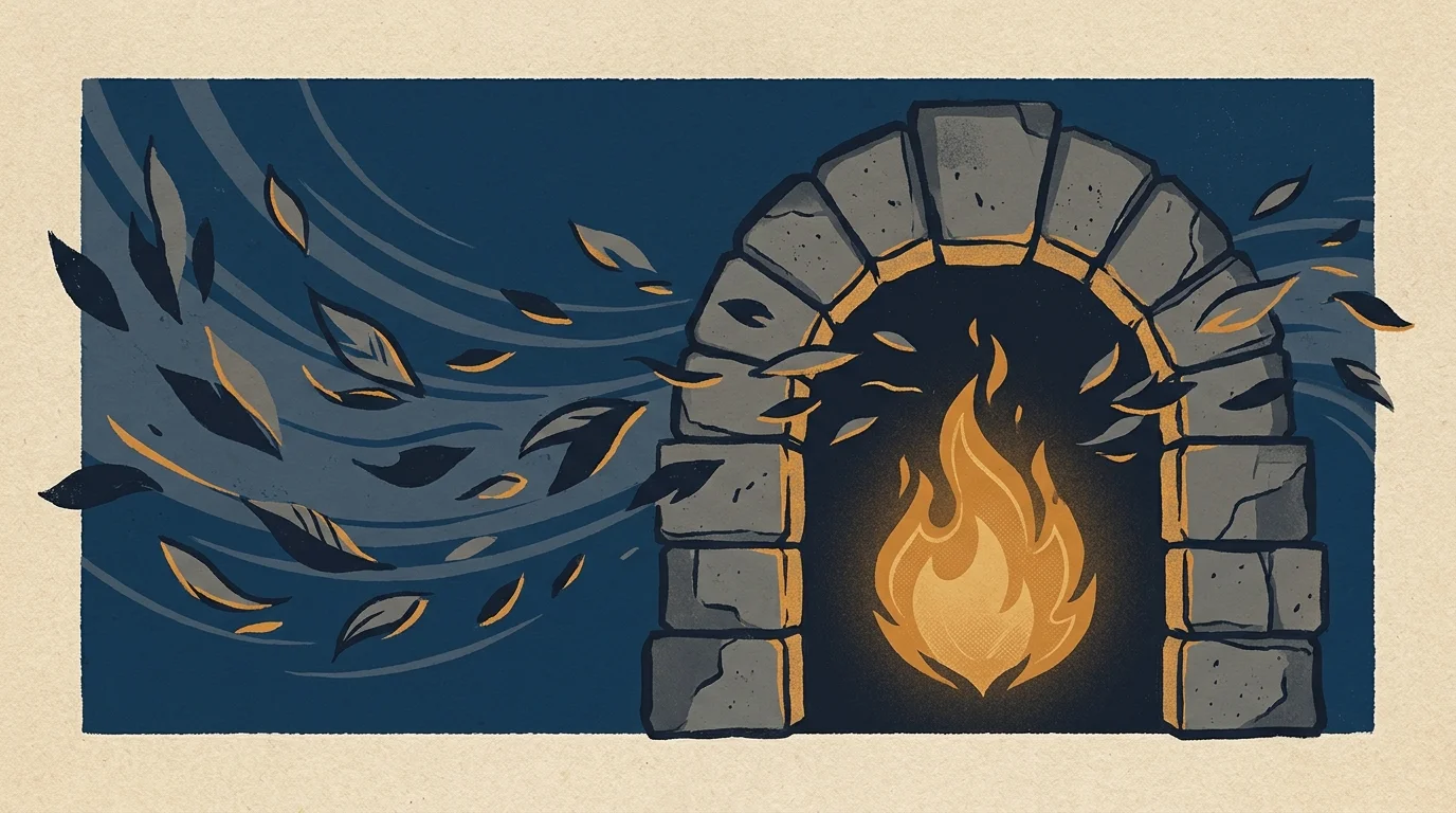 A conceptual screenprint of a sturdy stone archway shielding a warm golden fire.