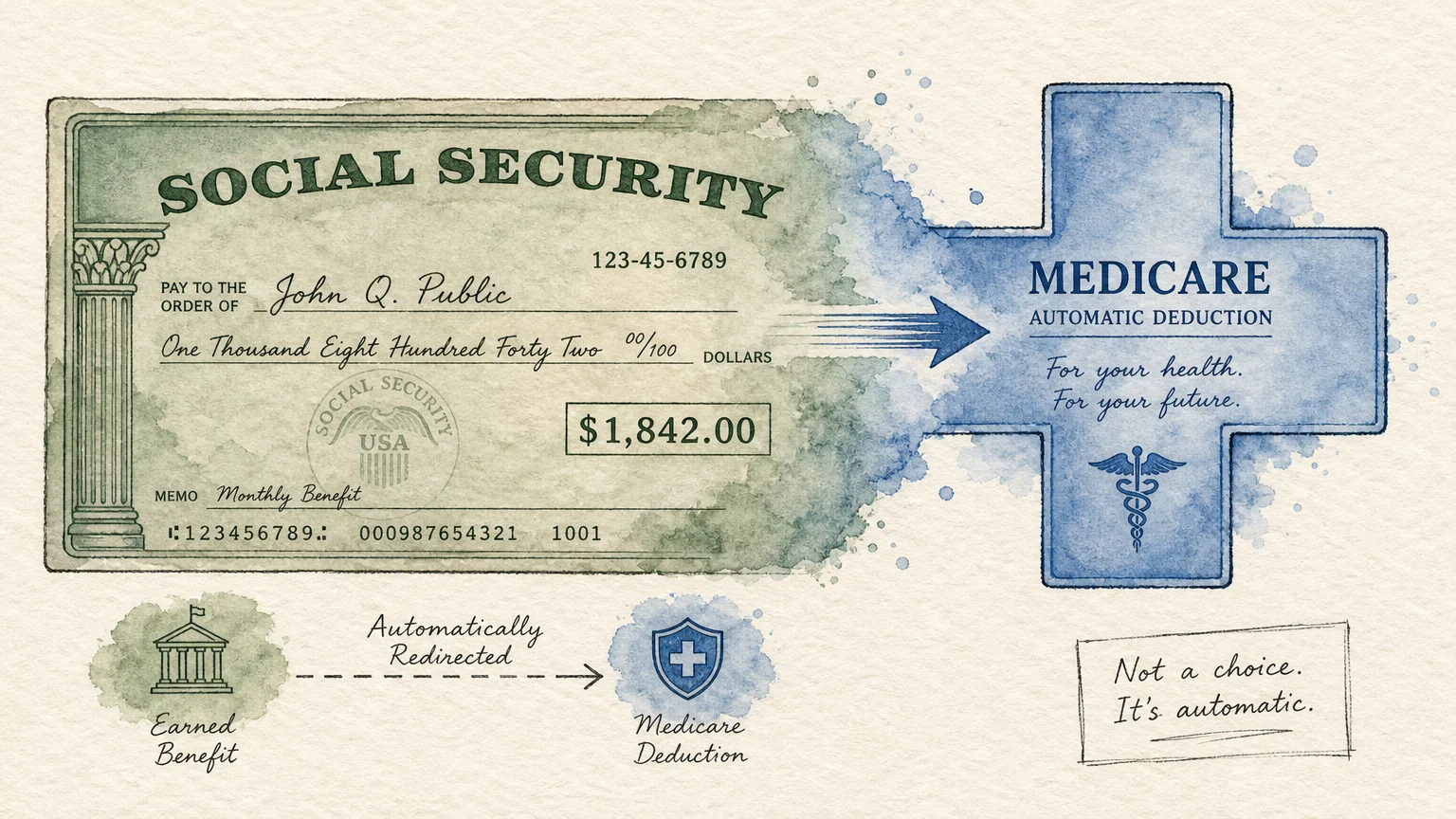 A conceptual watercolor illustration of a Social Security check transitioning into a medical cross, representing Medicare premium deductions