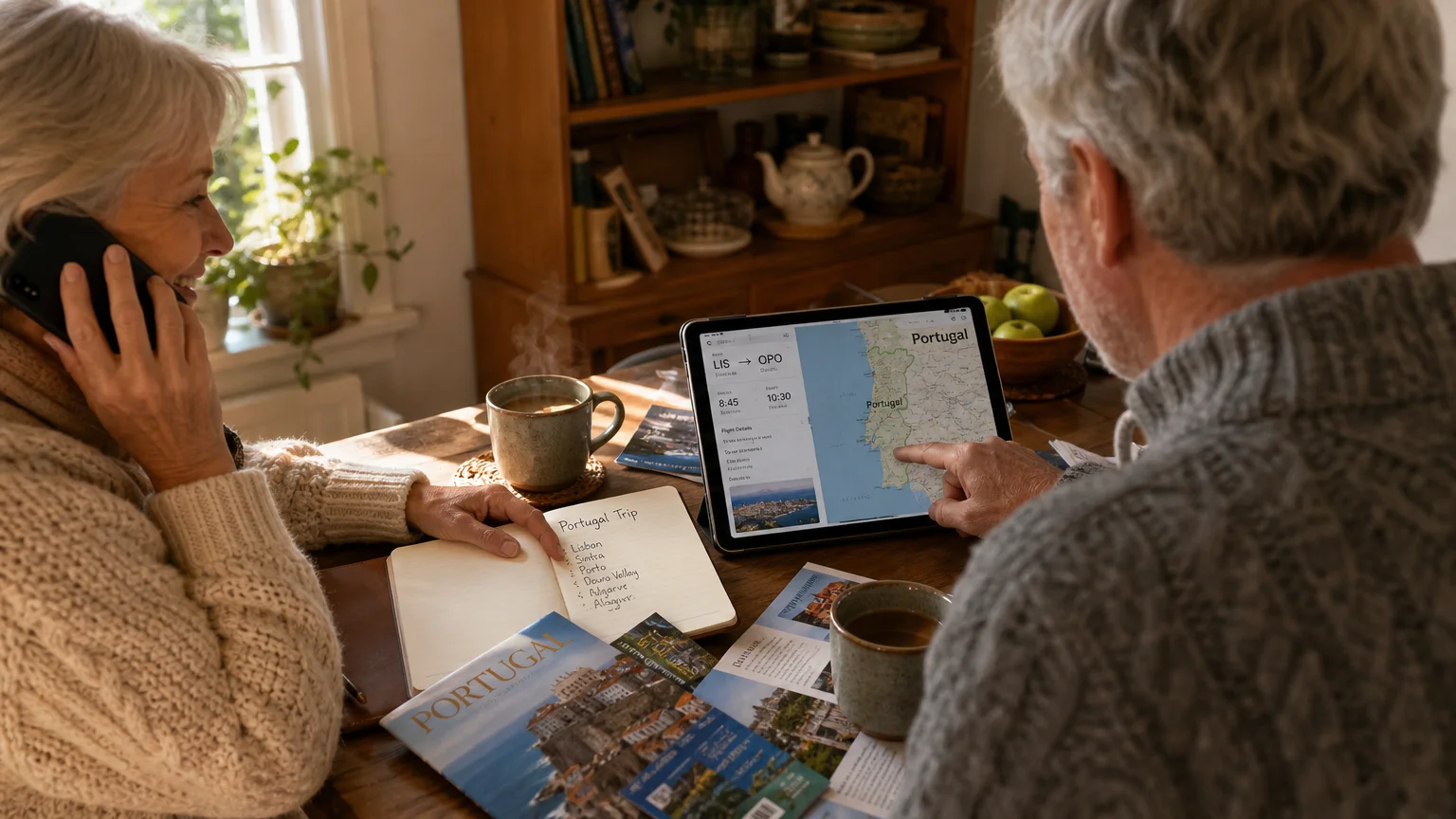 A couple at their kitchen table surrounded by travel plans and brochures, talking on the phone with a travel agent.