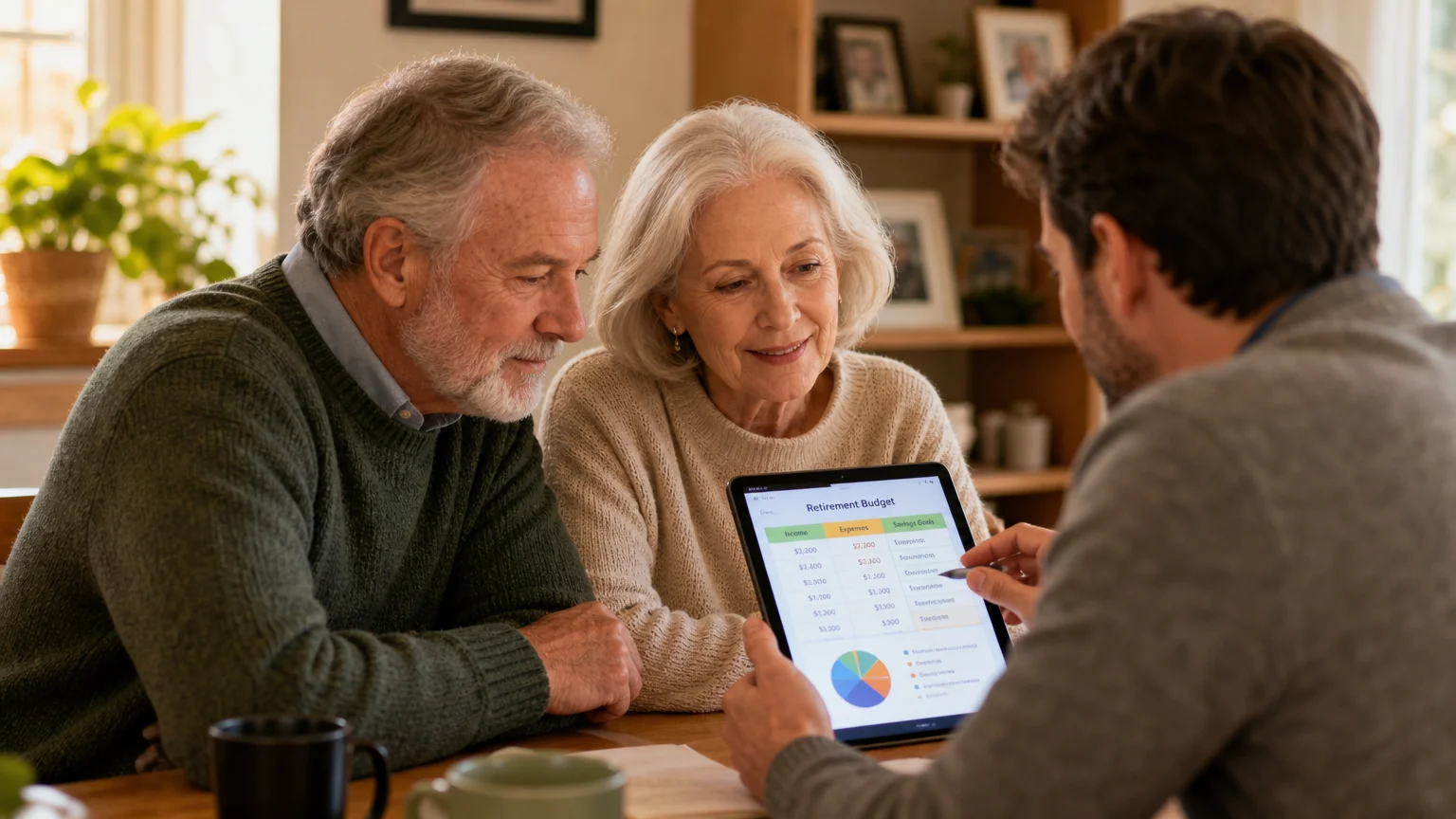 A couple sits at a wooden table in a sunlit home office, reviewing a retirement budget on a tablet with a casual advisor.