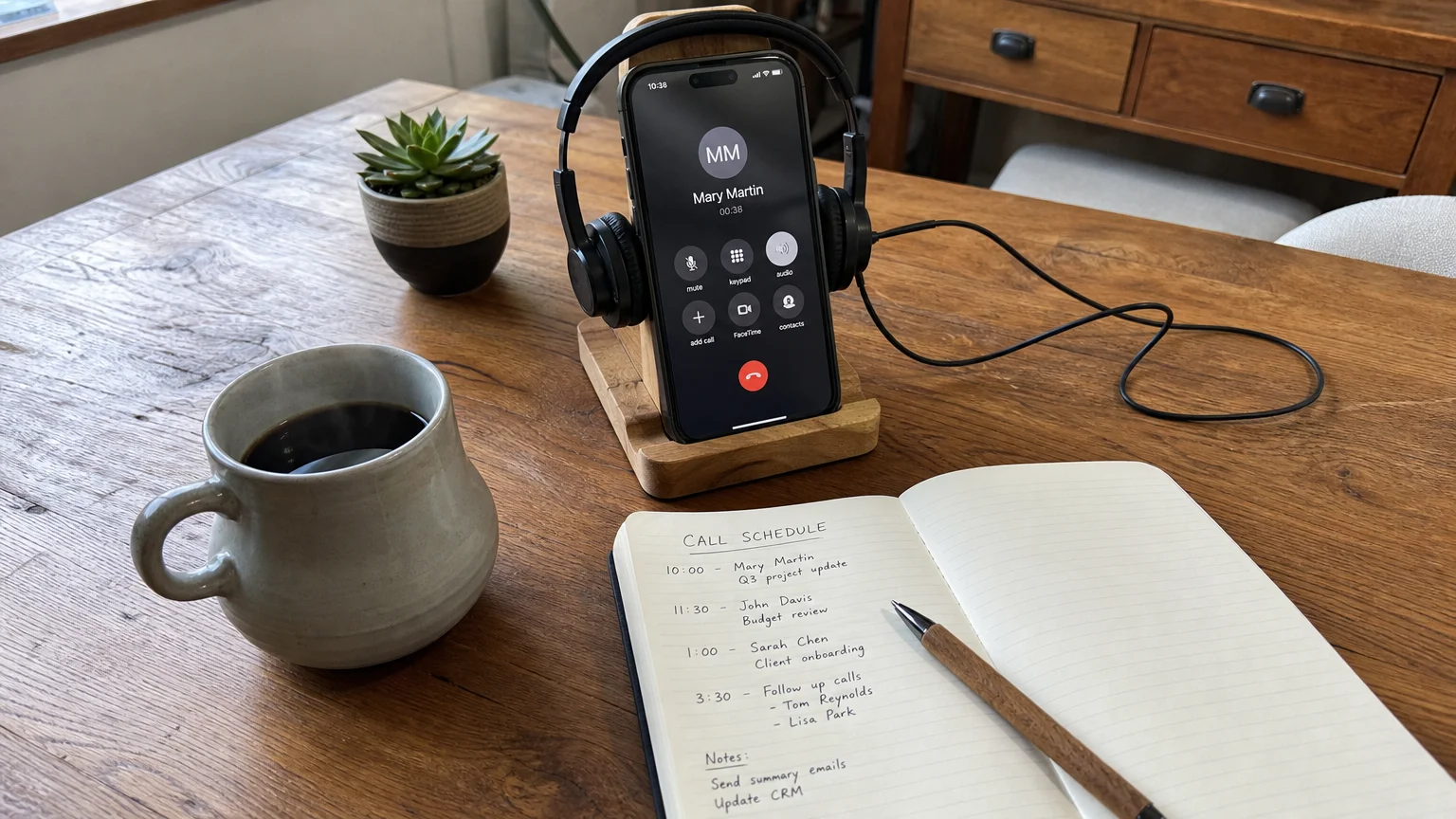 A cozy home office desk setup with a smartphone on a stand, a headset, an open journal with a schedule, and a coffee mug.